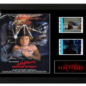Figura coleccionable firmada de la película "Pesadilla en Elm Street". Exhibición de celdas. Increíble elenco. Con certificado de autenticidad.