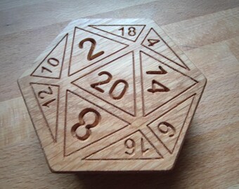 D20 dice box with integrated dice tray