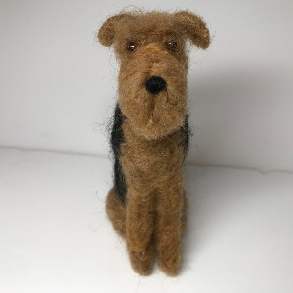 Needle felted airedale, wool felt airedale figurine, sitting dog figure, custom dog with bow tie.