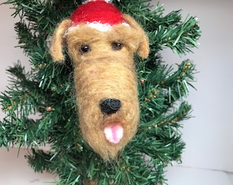 Needle felted airedale, ornament, dog head, christmas ornament, ready to ship!