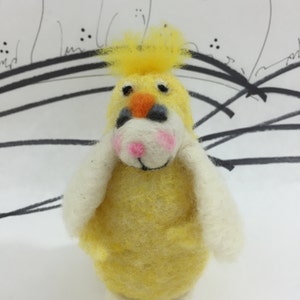 Needle felted bunny in chick's clothing, wool felt bunny figurine, lop eared bunny miniature, ready to ship!