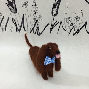 Needle felted dachshund, wool felted dachshund figurine, custom dog with pink tongue and bow tie, ready to ship!