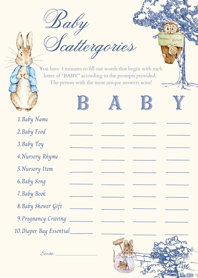 May include: A printable baby shower game with a Peter Rabbit theme. The game is called "Baby Scattergories" and asks players to list words that start with each letter of the word "BABY".