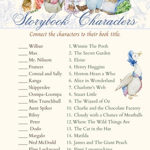 May include: A printable worksheet featuring a list of children's book characters and their corresponding titles. The worksheet includes illustrations of characters like Winnie the Pooh, Alice in Wonderland, and The Cat in the Hat.