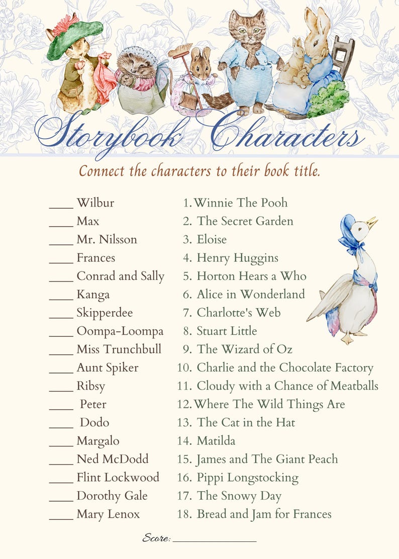 May include: A printable worksheet featuring a list of children's book characters and their corresponding titles. The worksheet includes illustrations of characters like Winnie the Pooh, Alice in Wonderland, and The Cat in the Hat.