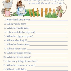 May include: A printable game with the title "Who Knows Mom Best?"  Answer each question as best you can, the one with the most correct wins!  The game features 15 questions about a mother-to-be.  The questions are printed in blue text on a cream background.  The game is decorated with illustrations of mice.