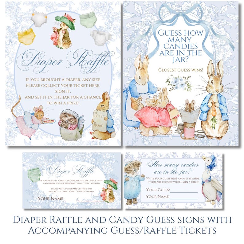 Peter Rabbit Diaper Raffle Sign Peter Rabbit Baby Shower Game Sign Bundle With Beatrix Potter Storybook ...