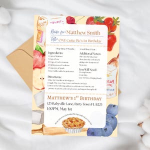 Convite de aniversário com receita de Cutie Pie feito sob encomenda, em PDF para impressão, para qualquer idade ou sexo, com cartão de receita criativo para tortas e piqueniques!