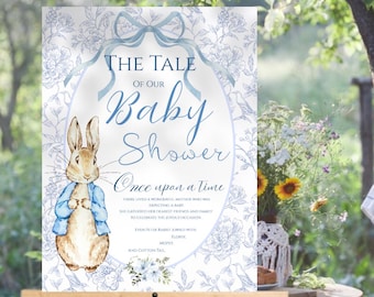 Peter Rabbit Baby Shower welcome sign downloadable PDF, once upon a time storybook poster for boy and girl with Beatrix Potter book theme