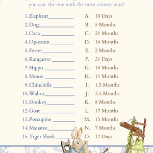 May include: A printable game sheet with a light beige background and blue floral accents. The game is called "Animal Pregnancy" and asks players to match the correct gestation period for 15 different animals. The answer choices are listed in alphabetical order from A to O.
