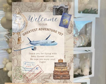 Travel Theme Baby Shower welcome sign downloadable PDF, Our Greatest Adventure Yet!