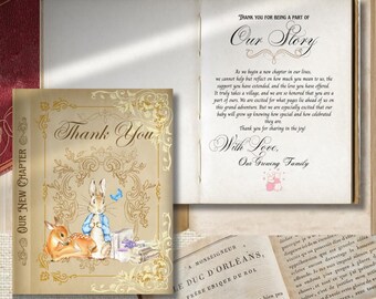 Storybook Baby Shower Thank You Card printable PDF, once upon a time fairytale theme for a new chapter book themed party with Peter rabbit