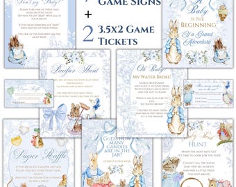 Peter Rabbit Baby Shower Game Sign Bundle with Beatrix Potter storybook chapter friends—printable PDF of diaper raffle, candy guess, & more!