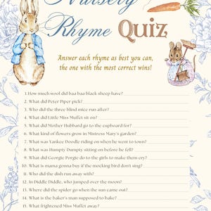 May include: A printable nursery rhyme quiz with a light brown background and blue floral border. The quiz features 18 questions about classic nursery rhymes. The image includes illustrations of Peter Rabbit and a mouse with a broom.