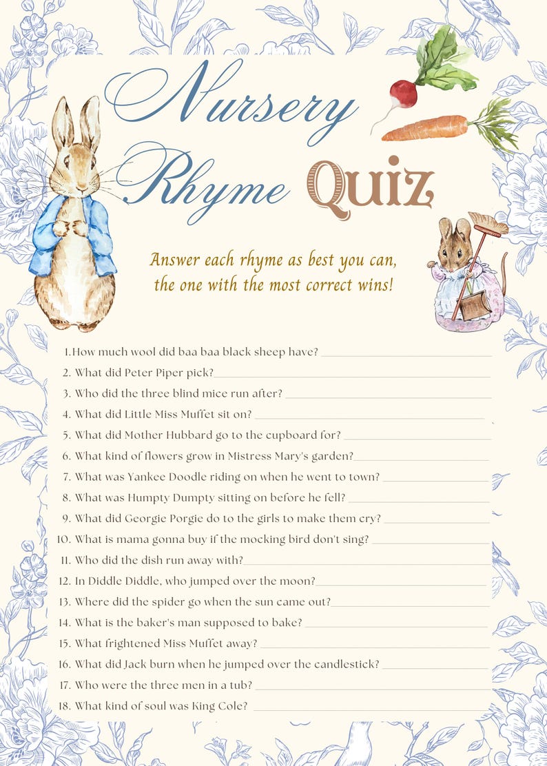 May include: A printable nursery rhyme quiz with a light brown background and blue floral border. The quiz features 18 questions about classic nursery rhymes. The image includes illustrations of Peter Rabbit and a mouse with a broom.