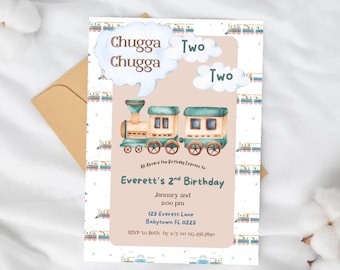 Chugga Chugga Two Two Birthday Party Invitation Trains Made-to-order gender neutral custom PDF download