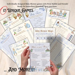 May include: A set of 17 printable baby shower games featuring Peter Rabbit and friends. The games include Baby Word Scramble, Baby Name Race, Old Wives Tales, Baby Tunes, Storybook Characters, Baby Shower Bingo, Mommy or Daddy, Nursery Rhyme Quiz, What's on Your Phone, and Name that Baby Animal. The games are printed on a blue background with floral accents.