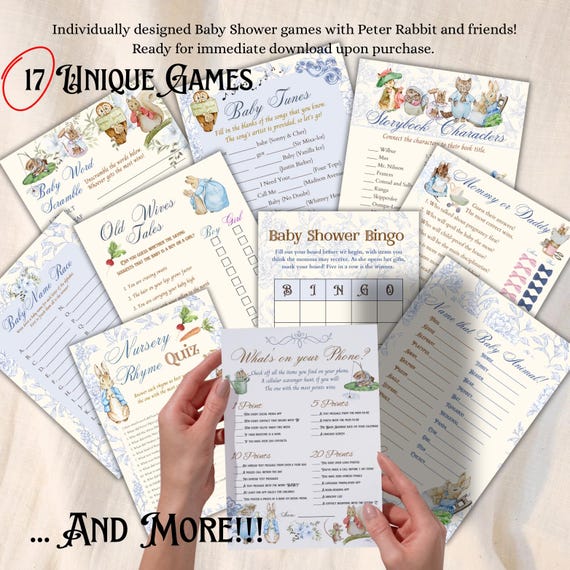 Peter Rabbit Baby Shower Game Bundle with Beatrix Potter storybook chapter friends—instant printable PDF of bingo, trivia, quizzes, etc!