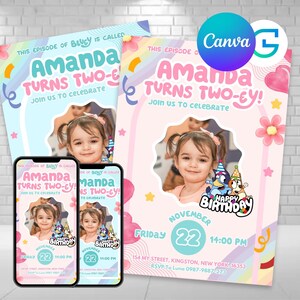 Bluey DEUX YEUX faire-part pour fillette fête d'anniversaire, rose marguerite arc-en-ciel pour fête fille Bluey, carte d'anniversaire imprimable 2 ans