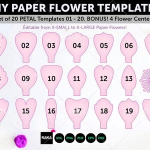 花のテンプレートSVGと印刷可能なPDF、DIYの巨大な紙のバラ、手作業で切り取る花びらのテンプレート（クラフト用）