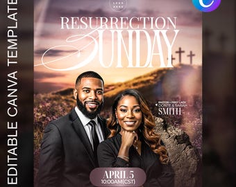 Könnte beinhalten: Werbeflyer für den Ostersonntag mit einem Paar in formeller Kleidung. Das Design enthält den Text "Resurrection Sunday" in großen, stilisierten Buchstaben sowie Datum, Uhrzeit und Ort. Der Flyer ist eine Canva-Vorlage.