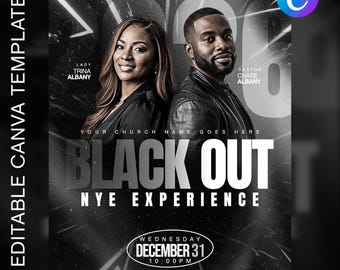 Könnte beinhalten: Schwarz-weißer Flyer mit zwei Personen, dem Text "BLACK OUT NYE EXPERIENCE" und dem Datum 31. Dezember um 22:00 Uhr. Der Flyer ist eine editierbare Canva-Vorlage.