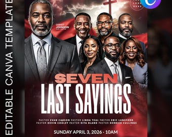 May include: A promotional flyer with the text "SEVEN LAST SAVINGS" and the names of several pastors. The flyer features portraits of several people and a cross. The date and time of the event are also listed.