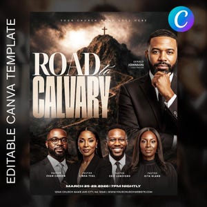 Può includere: Un volantino promozionale con il testo "Road to Calvary" in grandi lettere stilizzate. L'immagine presenta una montagna con una croce e ritratti di pastori. Il volantino include i dettagli dell'evento: 25-29 marzo 2026, 19:00 ogni sera.