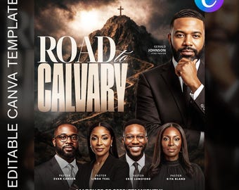 Può includere: Un volantino promozionale con il testo "Road to Calvary" in grandi lettere stilizzate. L'immagine presenta una montagna con una croce e ritratti di pastori. Il volantino include i dettagli dell'evento: 25-29 marzo 2026, 19:00 ogni sera.