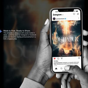 Może przedstawiać: Smartfon wyświetlający post na Instagramie ze słowem "OUTPOUR" w dużym rozmiarze. Post ma ognisty, niebiański design. Telefon jest trzymany w dw&oacute;ch rękach na ciemnym tle. Tekst na telefonie brzmi "Made to Post. Ready to Share."