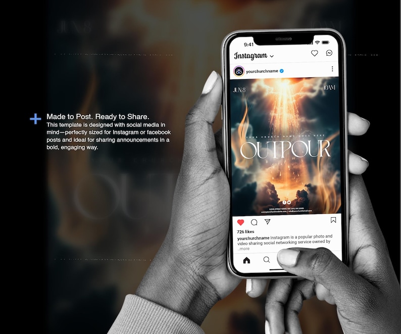 Może przedstawiać: Smartfon wyświetlający post na Instagramie ze słowem "OUTPOUR" w dużym rozmiarze. Post ma ognisty, niebiański design. Telefon jest trzymany w dw&oacute;ch rękach na ciemnym tle. Tekst na telefonie brzmi "Made to Post. Ready to Share."