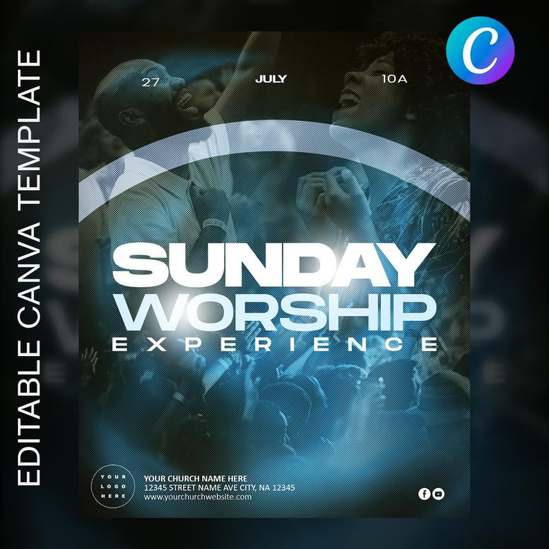May include: A blue and white Canva template for a Sunday Worship Experience. The design features a crowd of people with the words "SUNDAY WORSHIP EXPERIENCE" in large white letters. Includes the date, church name, and website.