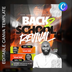 Op de afbeelding: Een promotieflyer met een vurige oranje en zwarte achtergrond, die een "Back to School Revival" evenement promoot. De flyer bevat de tekst "Back School Revival" in grote letters, samen met sprekersinformatie en evenementdetails.