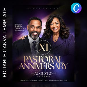 Op de afbeelding: Een digitale flyer-sjabloon voor een pastoraal jubileum met een man en vrouw in formele kleding. De tekst bevat THE CHURCH WITHIN REACH, LEAD PASTOR LARRY WILLIAMS CELEBRANT, XI, PASTORAL ANNIVERSARY, AUGUST 23, 10:00 AM en een adres-placeholder.