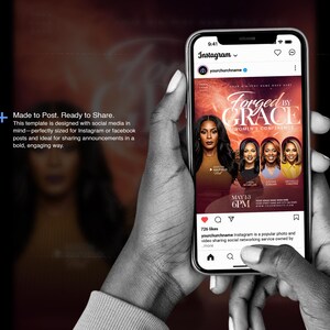 May include: A smartphone displays an Instagram post promoting a women's conference titled "Forged by Grace." The post features images of four women and includes the date May 13, 6 PM. The phone is held in a person's hands against a blurred background.