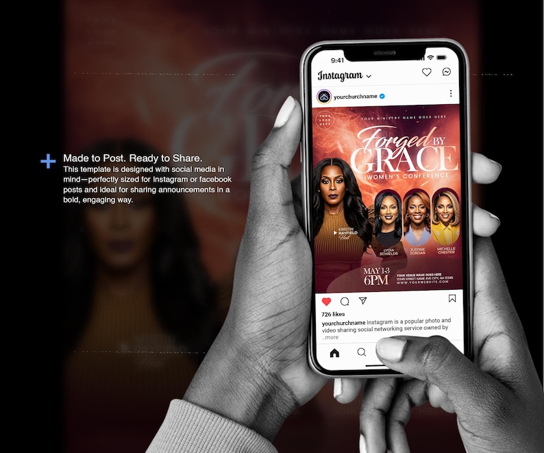 May include: A smartphone displays an Instagram post promoting a women's conference titled "Forged by Grace." The post features images of four women and includes the date May 13, 6 PM. The phone is held in a person's hands against a blurred background.