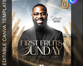 Könnte beinhalten: Werbeflyer mit einem lächelnden schwarzen Mann mit Brille und schwarzem Anzug. Der Flyer trägt den Text "FIRST FRUITS SUNDAY" in goldener Schrift, mit Datum und Uhrzeit oben rechts. Der Hintergrund zeigt ein Weizenfeld.