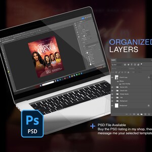 May include: A laptop displaying a design project with the text "Forged in Grace" and images of women. The screen shows organized layers in a design software. A blue "Ps PSD" icon is in the lower left corner. Text reads "PSD File Available".