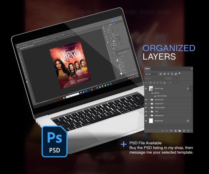 May include: A laptop displaying a design project with the text "Forged in Grace" and images of women. The screen shows organized layers in a design software. A blue "Ps PSD" icon is in the lower left corner. Text reads "PSD File Available".