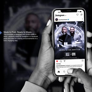 Puede incluir: Un tel&eacute;fono inteligente muestra una publicaci&oacute;n de Instagram para un servicio religioso. La publicaci&oacute;n presenta a dos hombres y el texto "NYE Cross Over Service" y "Dec 31 - 10PM". El tel&eacute;fono est&aacute; en manos de una persona.