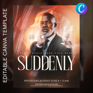Puede incluir: Plantilla de folleto promocional con un retrato de un hombre con traje, una paloma y la palabra "SUDDENLY". El folleto incluye el texto "PENTECOST SUNDAY JUNE 8 + 11AM" y "YOUR CHURCH NAME GOES HERE". El diseño tiene un fondo cálido y ardiente.