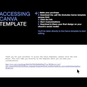 Puede incluir: Fondo negro con texto blanco y azul que dice "ACCESSING CANVA TEMPLATE". Se enumeran las instrucciones para acceder a una plantilla de Canva, incluida la descarga de un PDF y hacer clic en un enlace. Tambi&eacute;n se proporciona una URL.