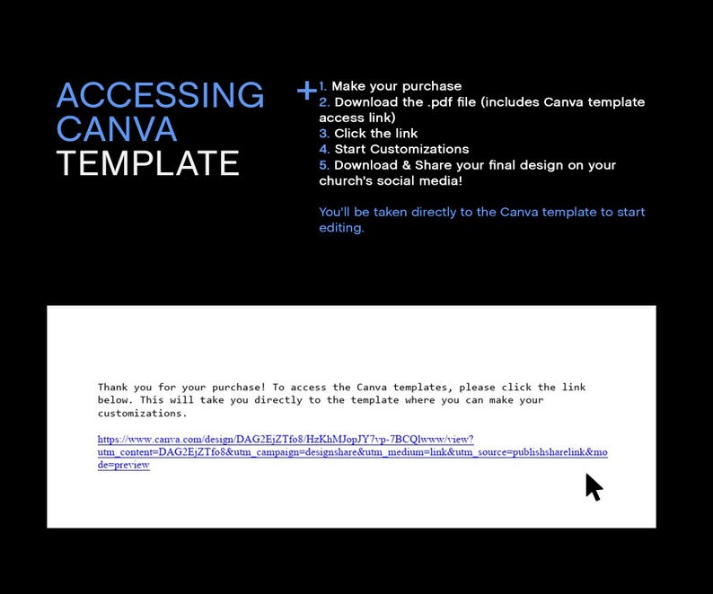 Puede incluir: Fondo negro con texto blanco y azul que dice "ACCESSING CANVA TEMPLATE". Se enumeran las instrucciones para acceder a una plantilla de Canva, incluida la descarga de un PDF y hacer clic en un enlace. Tambi&eacute;n se proporciona una URL.