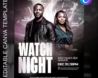 Plantilla de volante para la iglesia para el servicio de Nochevieja de la Vigilia / Canva editable / Diseño cruzado para servicios de Nochevieja