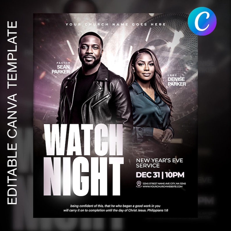May include: A promotional flyer for a New Year's Eve service. The design features two people, the text "WATCH NIGHT" in large white letters, and details including the date, time, and location. The flyer is a Canva template.