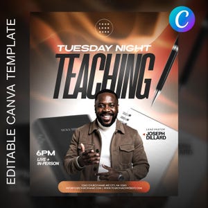 May include: A promotional flyer template with the text "Tuesday Night Teaching" in large, bold letters. The flyer features a smiling man, a Bible, and a pen. Additional text includes "6PM Live + In-Person" and contact information.