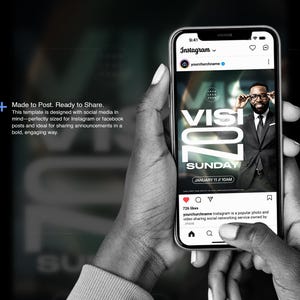 May include: A smartphone screen shows an Instagram post with the text "VISIT 70 SUNDAY" and "JANUARY 11 / 10AM". The image features a man in a suit. The phone is held in a person's hands. The background is dark.