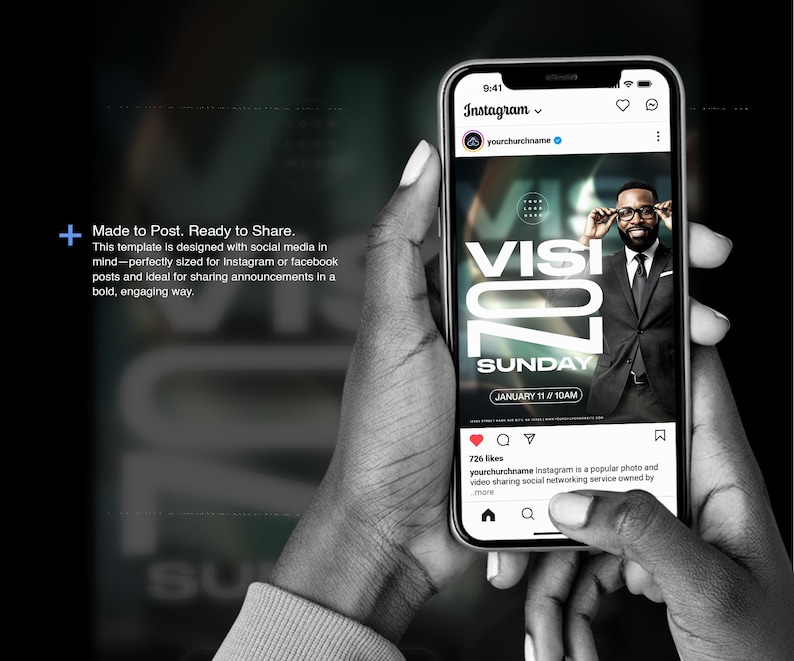 May include: A smartphone screen shows an Instagram post with the text "VISIT 70 SUNDAY" and "JANUARY 11 / 10AM". The image features a man in a suit. The phone is held in a person's hands. The background is dark.