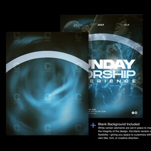 May include: A promotional poster design with a blue and white color scheme. The text "SUNDAY WORSHIP EXPERIENCE" is prominently displayed. The design includes a blank background option for customization.