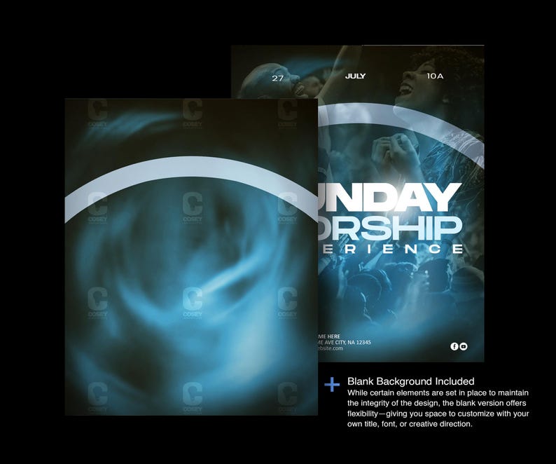 May include: A promotional poster design with a blue and white color scheme. The text "SUNDAY WORSHIP EXPERIENCE" is prominently displayed. The design includes a blank background option for customization.